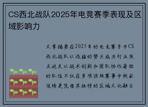 CS西北战队2025年电竞赛季表现及区域影响力