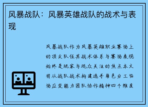 风暴战队：风暴英雄战队的战术与表现