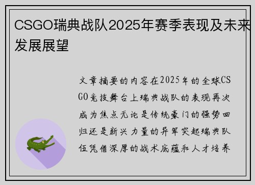 CSGO瑞典战队2025年赛季表现及未来发展展望